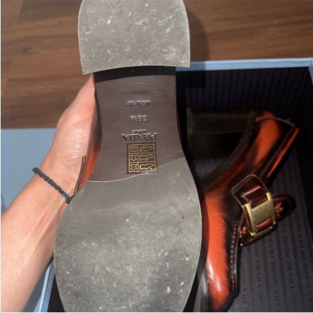 Prada Burnished Orange and Brown Leather Heeled Loafers - Picture 5 of 8